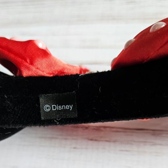 Disney Minnie Mouse Velvet and Pearl Polkadot Red and White Bow Headband - Picture 3 of 4